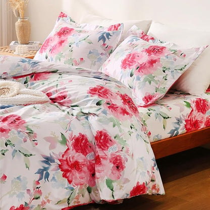 JSD Rose Floral Duvet Cover Set Queen Size, 3 Piece Soft Printed Microfiber Comforter Covers Zipper Closure