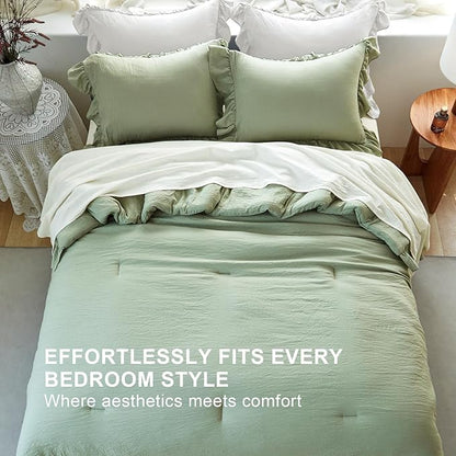 Sage Green Ruffle Comforter Set Twin, Pre-Washed Shabby Chic Bedding Set, Lightweight Cottagecore Soft Romantic Cozy 1 Comforter & 1 Sham, All-Season