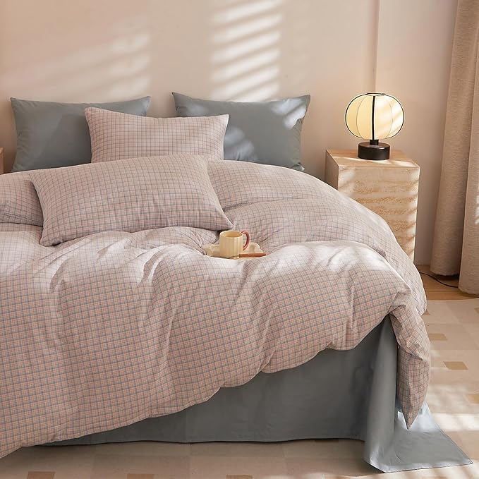 HighBuy Gingham Comforter Set Full Modern Pink Blue Plaid Checkered Pattern Comforter Soft Fluffy Gingham Bedding Set Lightweight Chic Grid Bedding Comforter Farmhouse for Teen Girls