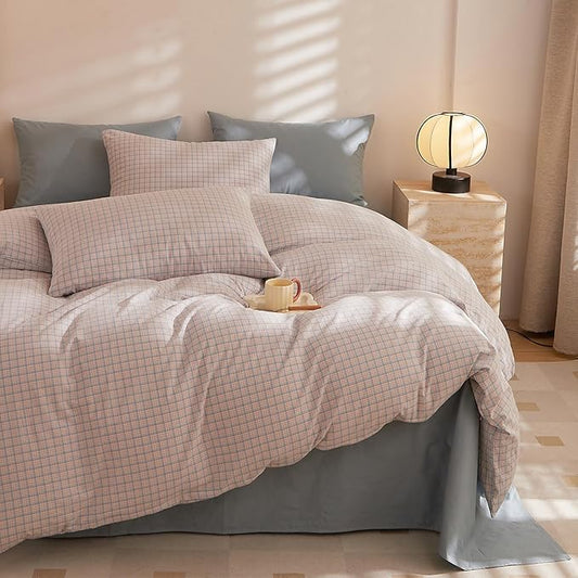 HighBuy Pink Blue Gingham Comforter Set Queen Size Boho Plaid Checkered Pattern Comforter Comforter Set with 2 Pillowcases Fluffy Geometric Grid Printed Gingham Bedding Set Queen