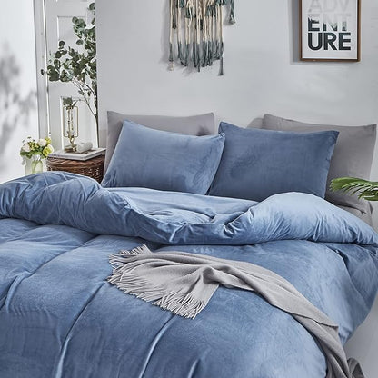 CLOTHKNOW Blue Velvet Queen Comforter Set Lake Blue Bedding Comforter Sets Soft Warm Grayish Blue Comforter with 2 x Pillow Cases