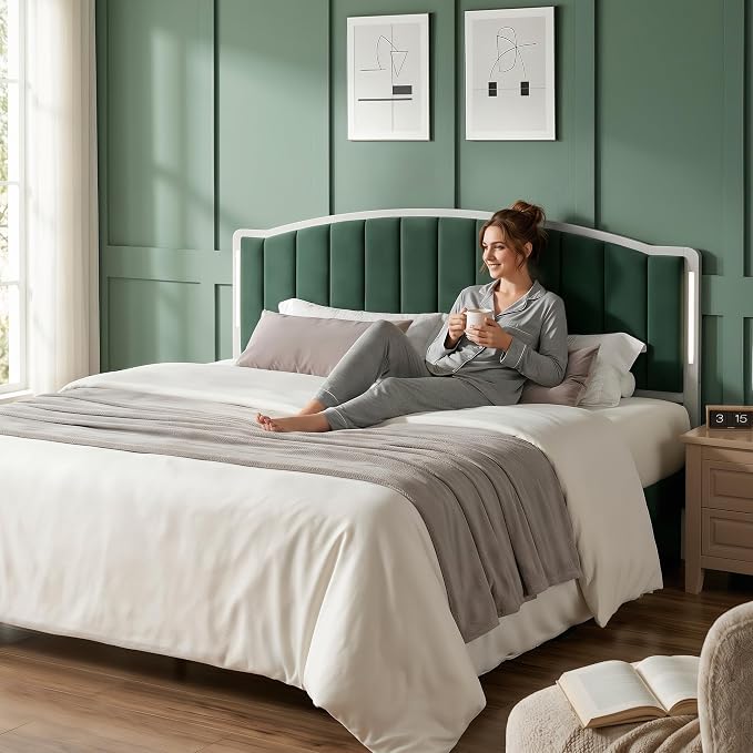 Headboard for King Size Bed with LED Lights, Upholstered Vertical Channel Tufting Head Boards, Velvet Headboard Only, Study & Comfortable, Ideal for Bedroom, Dorm, Guest Room, Green