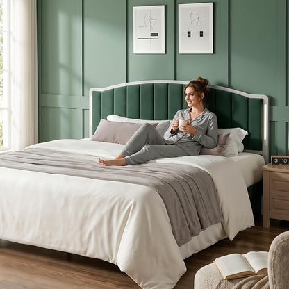 Headboard for King Size Bed with LED Lights, Upholstered Vertical Channel Tufting Head Boards, Velvet Headboard Only, Study & Comfortable, Ideal for Bedroom, Dorm, Guest Room, Green