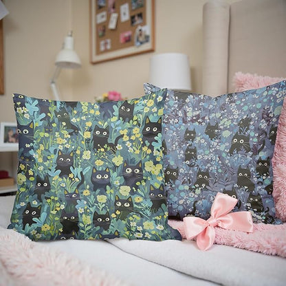 Black Cats Throw Pillow Covers 18x18,Gifts for Cat Lovers, Boho Floral Cat Pillowcases, Black Cats Decor Throw Pillow Covers,Aesthetic Spring Decor for Dorm Bedroom