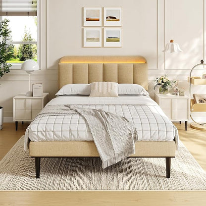 Adjustable Headboard for Full/Queen Size Bed Frame, Linen Fabric Bed Headboard with Storage & RGB LED Light in Modern Vertical Channel Design, Beige