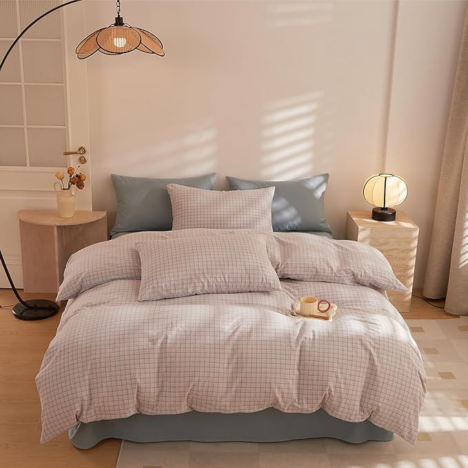 Plaid Full Bed Comforter Sets Boho Down Alternative Bedding Set Puffy Washed Cotton Fluffy Cozy Bedding Comforter Sets Cottage Core Soft Farmhouse Aesthetic Bed Comforter with 2 Pillowcases