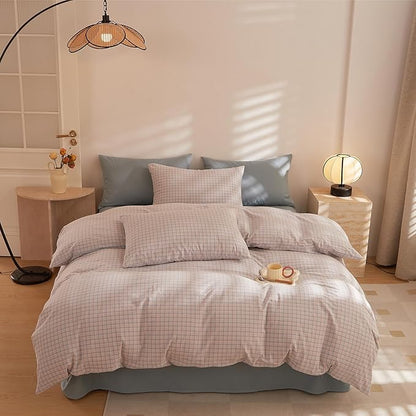 HighBuy Pink Blue Gingham Comforter Set Queen Size Boho Plaid Checkered Pattern Comforter Comforter Set with 2 Pillowcases Fluffy Geometric Grid Printed Gingham Bedding Set Queen