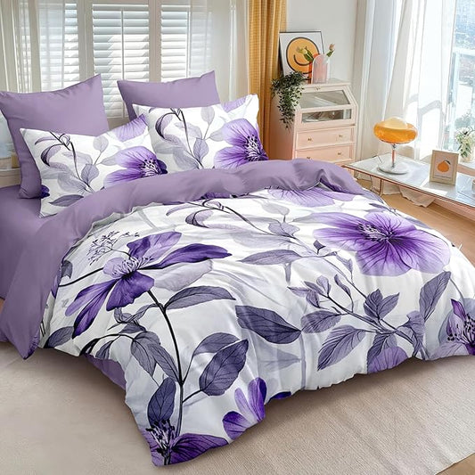 Nayoroom Purple Floral Comforter Set Twin Size Lavender Blooming Flower Leaf Printed Spring Comforter 2 Pcs Soft Lightweight Cottagecore Bedding Set for All Seasons (1 Comforter, 1 Pillowcase)