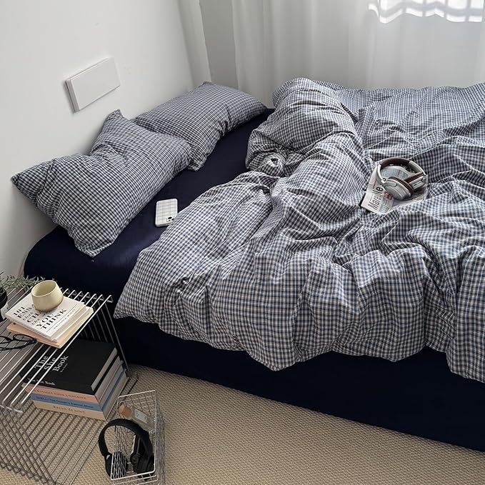 EAVD Vintage Blue Plaid Gingham Duvet Cover Queen Soft 100% Washed Cotton Reversible Grid Plaid Checkered Gingham Bedding Set with 2 Pillowcases Farmhouse Blue Plaid Duvet Cover with Zipper