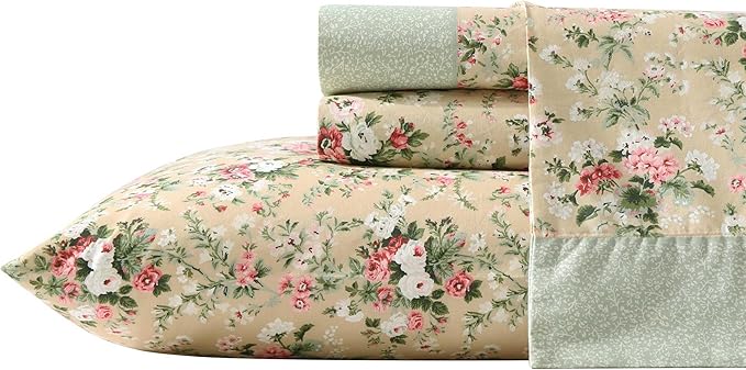 Laura Ashley - Full Sheet Set, Breathable Percale Cotton Bedding with Deep Pockets, Chic Home Decor, Oeko-Tex Certified (Serene Dream Brown, Full)