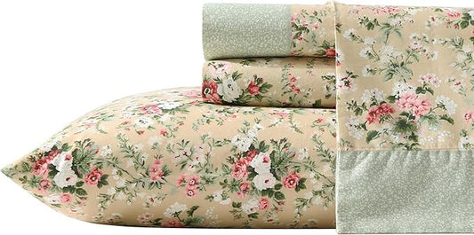 Laura Ashley - Twin Sheet Set, Breathable Percale Cotton Bedding with Deep Pockets, Chic Home Decor, Oeko-Tex Certified (Serene Dream Brown, Twin)