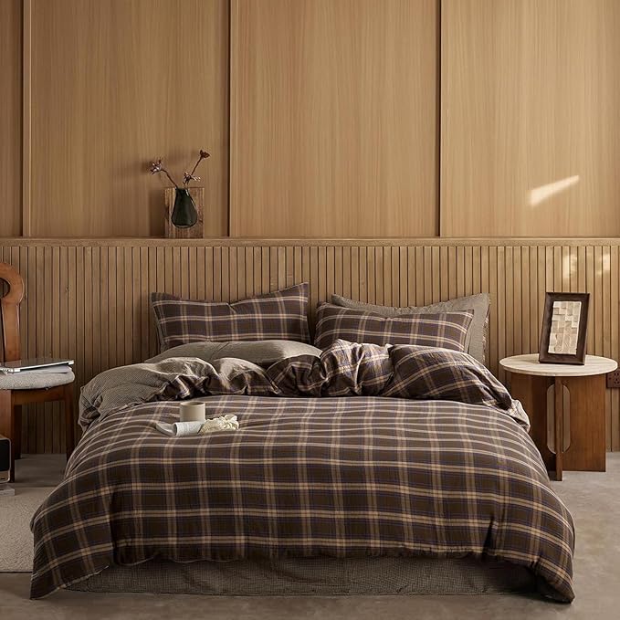EAVD Vintage Style Brown&Blue Buffalo Plaid Duvet Cover King Soft 100% Cotton Muslin Blue Brown Grid Plaid Bedding Set with 2 Pillowcases Farmhouse Gingham Duvet Cover with Zipper Closure