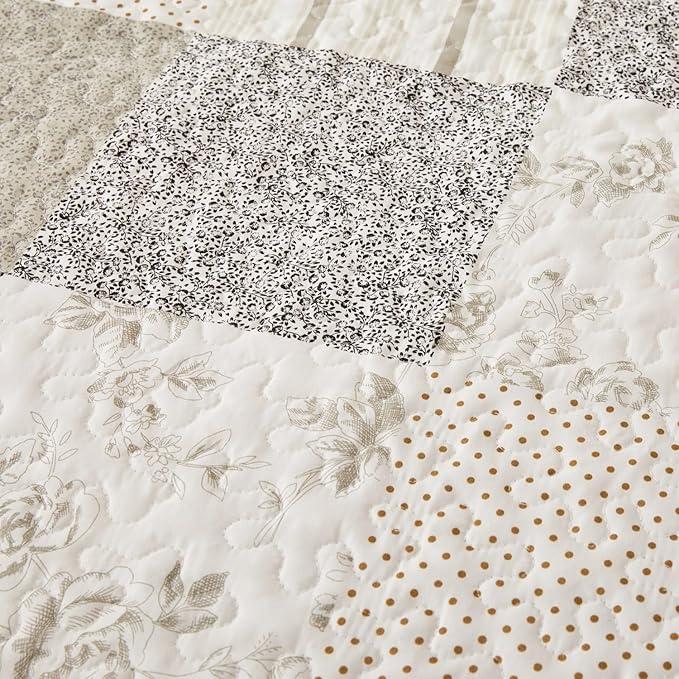 Cmfshape Summer Floral Queen Quilt Set,Grey Patchwork Quilts Queen,Reversible Quilted Bedspread with 2 Shams, Vintage Farmhouse Coverlet(Grey, Queen90 x90)