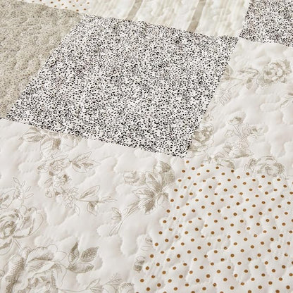 Cmfshape Summer Floral Queen Quilt Set,Grey Patchwork Quilts Queen,Reversible Quilted Bedspread with 2 Shams, Vintage Farmhouse Coverlet(Grey, Queen90 x90)