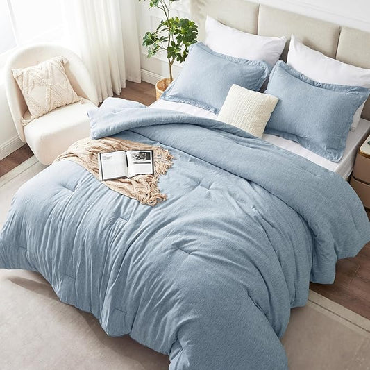 CozyLux Queen Size Comforter Set - 3 Pieces Blue Soft Luxury Cationic Dyeing Bedding Comforter for All Season, Breathable Lightweight Fluffy Bed Set with 1 Comforter and 2 Pillow Shams