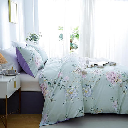 BOLINLIVING Floral Queen Comforter Set 3 Pieces, Soft Breathable Bed in a Bag Queen Size, Green and Purple Floral Bedding Set for All Season, 1 Comforter & 2 Pillowcases
