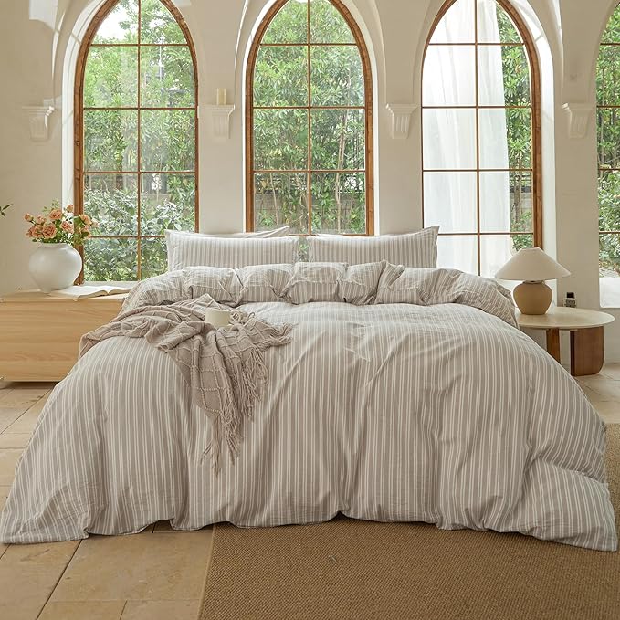 Striped Duvet Cover Set,100% Washed Cotton Linen Like Bedding Set,Breathable,Durable,Comfy(Strip-Tannish Linen Grey/White,Full)
