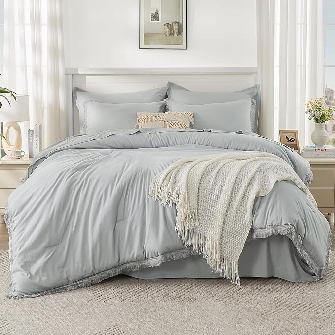 Andency Oversized King Comforter Set with Sheets 120x120 Light Grey - 7 Pieces Boho Tassel Bed in a Bag Soft Lightweight Bedding Sets, Fringe Bed Set with Comforter, Sheets, Pillowcases & Shams