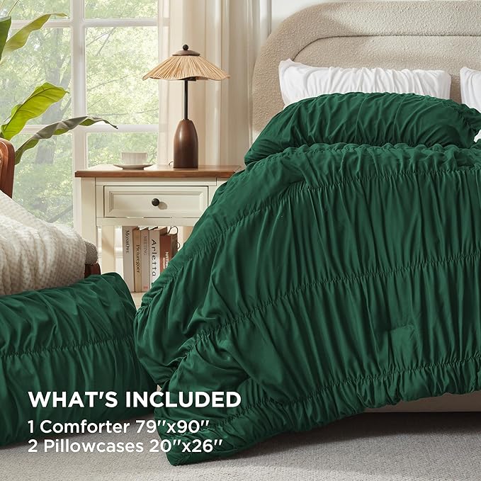Andency Ruched Dark Emerald Green Full Size Comforter Sets, Shabby Chic Pleatd Bedding Sets 3 Pieces, Lightweight Soft Boho Ruffle Bed Set for Girls, Kids, Women, All Season