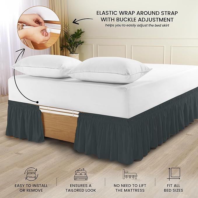 Utopia Bedding Queen Elastic Bed Ruffle - Easy Wrap Around Ruffle - Microfiber Bed Skirt with Adjustable Buckle & Elastic Belt 16 Inch Tailored Drop - Hotel Quality Bedskirt, Fade Resistant (Grey)