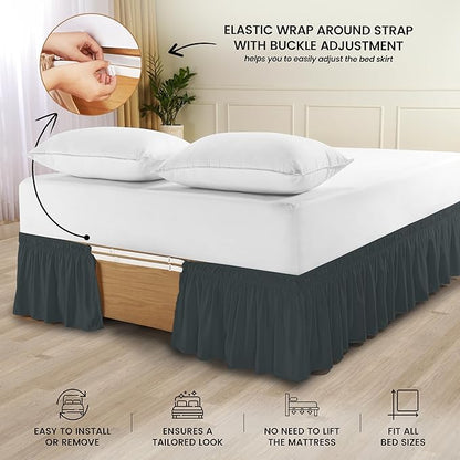 Wrap Around Ruffle Twin Size Bed Skirt – Adjustable Buckle & Elastic Belt for Easy Installation, 15 Inch Drop – Brushed Microfiber - Machine Washable, Fade and Wrinkle Resistant, Grey