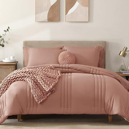 Monbix King Size Comforter Set - 7 Pieces Bed in a Bag King, Clay Pink Bedding Sets with Comforter, All Seasons Comforter Bed Set with Sheets, Pillowcases & Shams