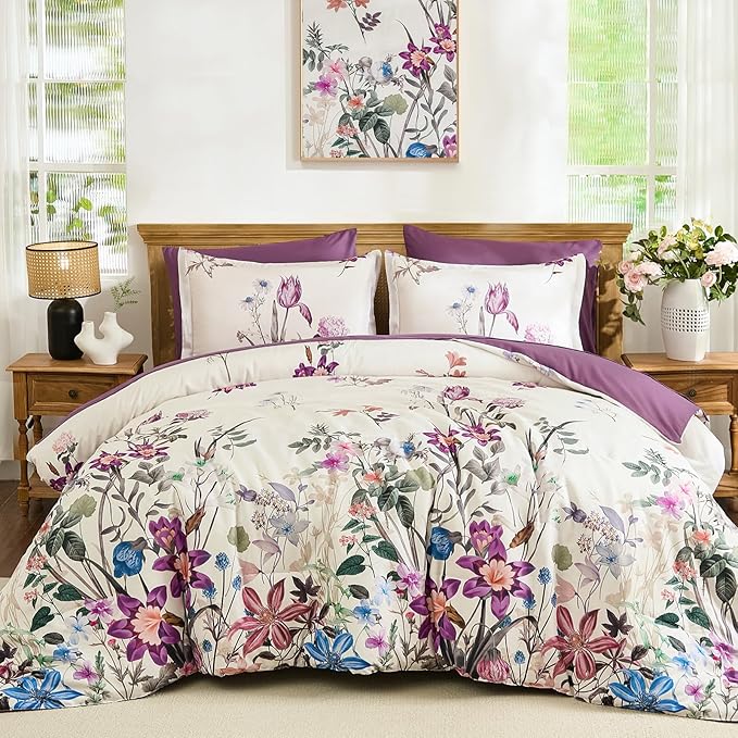 WONGS BEDDING Queen Comforter Set 7 Piece, Purple Floral Bed in a Bag Bedding Set with Botanical Flowers Patterns, Soft Lightweight Complete Comforters with Sheets for All Season