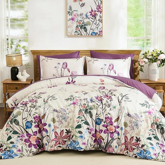 WONGS BEDDING King Comforter Set 7 Piece, Purple Floral Bed in a Bag Bedding Set with Botanical Flowers Patterns, Soft Lightweight Complete Comforters with Sheets for All Season