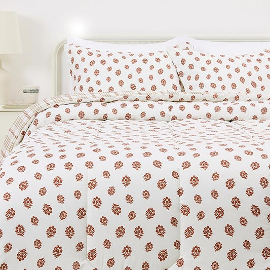 Amazon Basics Lightweight Microfiber Comforter Set, 3-Piece, Full/Queen, Off White Floral