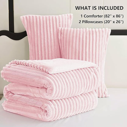 CozyLux Fluffy Full Size Comforter Sets - Super Soft Faux Fur Pink Comforter Full Size, Winter Warm Fleece Bedding Set, 3 Pieces Plush Fuzzy Bed Set (1 Shaggy Comforter, 2 Pillowcases)