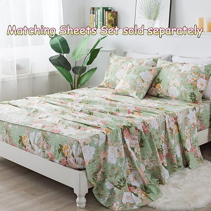 FADFAY Floral Duvet Cover Set Queen 100% Cotton Shabby Vintage Bedding 600 TC Mint Green White Flower Women Elegant Lily Print Comforter Cover Zipper Corner Ties Soft Bed Cover 3 Pcs