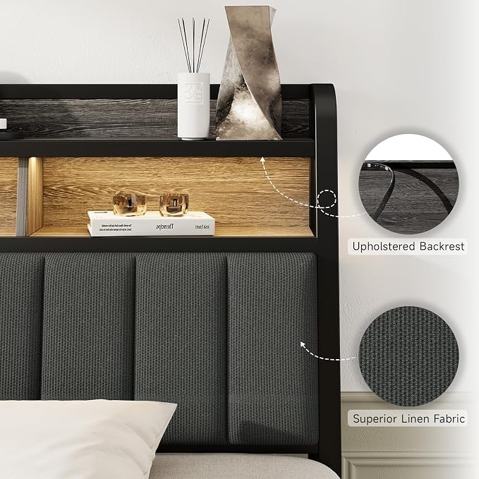 Queen Headboard Only with Storage, Upholstered Headboards for Queen Size Bed with LED Light, Charging Station, Height Adjustable, Sturdy and Stable Headboard, Black & Grey