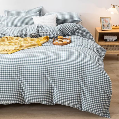 mixinni Blue Gingham Comforter Set Queen, Plaid Comforter Set 3 Pieces 1 Blue Grid Comfoter with 2 Pillow Cases for All Seasons, Soft Fluffy Modern Grid Pattern Printed Bedding-Queen Size