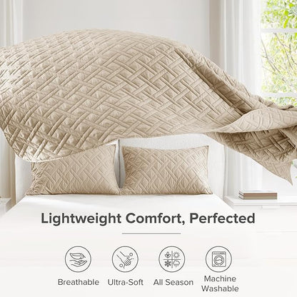 Comfort Spaces Queen Quilt Set Modern Reversible Diamond Coverlet Queen Bedding Set Cozy Quilted Winter Layer, All Season Lightweight Soft Queen Size Quilt, Kienna, Full/Queen Beige Diamond 3 Piece