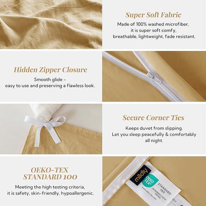 MILDLY Super Soft Duvet Cover 2pcs - 100% Washed Microfiber Yellow Comforter Cover Set with Zipper Closure & Corner Ties (No Comforter)