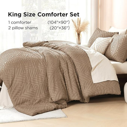 Litanika Taupe King Size Comforter Set, 3 Pieces Tufted Boho Farmhouse Bedding Comforter Sets, Lightweight Fluffy Comforter Bed Set for All Season (104x90In Comforter and 2 Pillowcases)