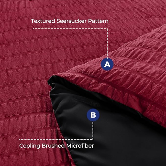 HYMOKEGE Dark Red/Black Duvet Cover King Size, Ultra Soft 3-Piece Seersucker Duvet Cover Set with Zipper Closure, Soft Brushed Microfiber Bedding Set with 8 Corner Ties (104"x90", 2 Pillowshams)