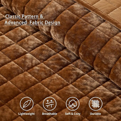 LEAONME Velvet Quilt Full/Queen Size-90''x98'', Lightweight Caramel Velvet Comforter Set with 2 Pillow Shams, Soft Bedspread Coverlet Quilted Bedding Set for All Season