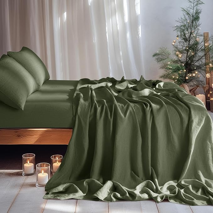 LBRO2M 100% Pure Linen Sheet Set Deep Pocket Up to 16" Bed Sheets Sets, Natural Flax Beddings Soft, Breathable, Comfortable for All Seasons 4 Pcs Sheet Set Queen Size, Olive Green