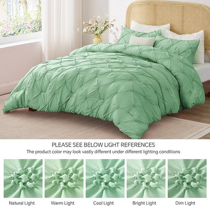 BEDELITE Sage Green Queen Comforter Set - 3 Pieces Boho Pintuck Bedding Comforter Sets, Lightweight Soft & Warm Bed Comforter Queen with 2 Pillowcases for All Season