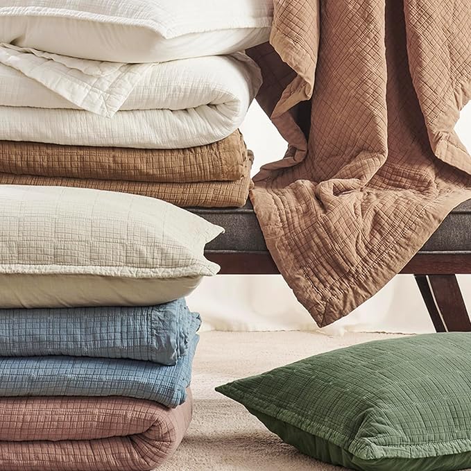 EVERGRACEHOME Stonewashed Cotton Quilt Set Full Queen Size, Ultra Soft Oversized Bedspread Coverlet Set, Lightweight Crinkle Box Stitch Bedding Sets for All Season, with 2 Shams, Terracotta