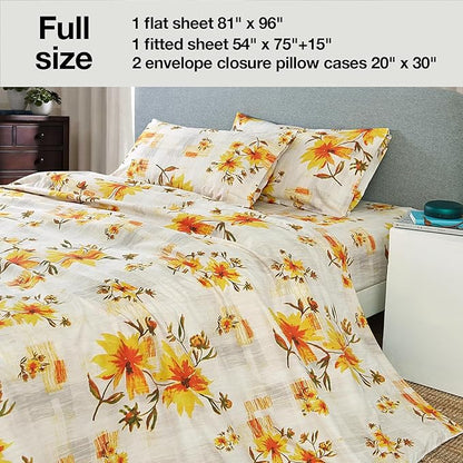 JSD Fall Floral Sheet Set Full Size, 4 Piece Yellow Printed Microfiber Bedding Sheets Extra Deep Pocket