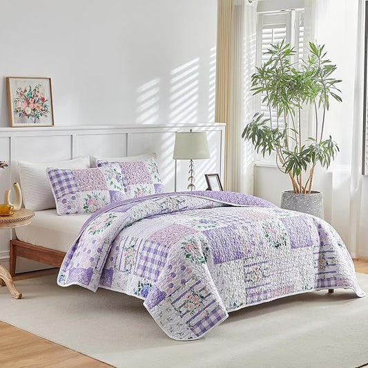 Joyreap 3 Pieces Floral Quilt Set Queen, Patchwork Purple n Pink Flowers Design, Smooth Soft Microfiber Quilt, Bedspread Bed Cover for All Season, 1 Quilt and 2 Pillow Shams- 90x90 inches
