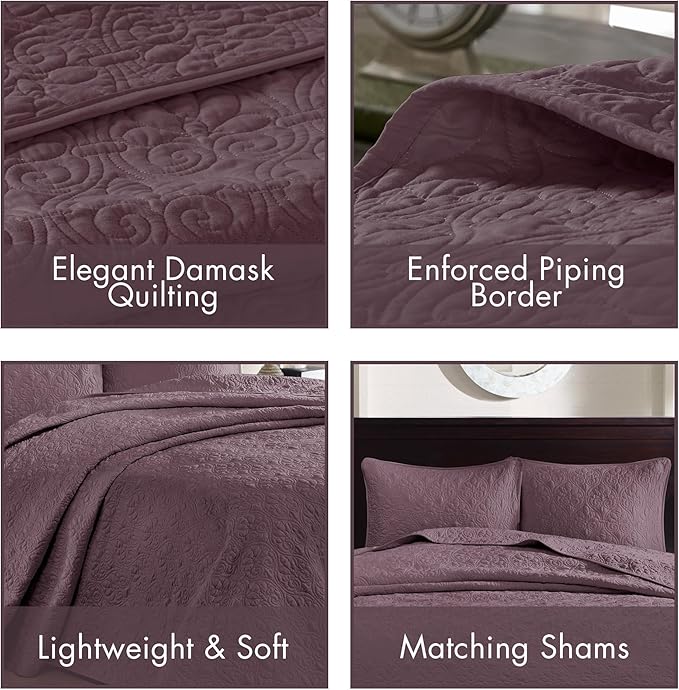 Madison Park Quebec Reversible Damask Design, Double Sided Quilting All Season, Lightweight Coverlet Bedspread Bedding Set, Matching Shams, Queen(102"x118"), Purple