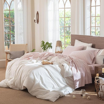 MooMee Bedding Sheet Set 100% Washed Cotton Linen Like Textured Breathable Durable Soft Comfy (Heathered Greyish Pink, King)