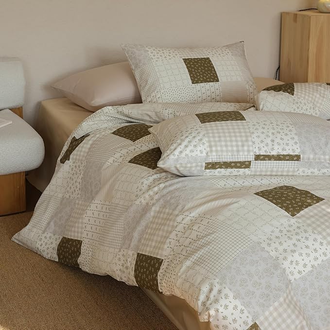Patchwork King Size Comforter Sets Brown Gingham Floral Bedding Set Cotton Down Alternative Plaid Teen Girl Bedding Comforter Sets Boho Fluffy Cute Light Weight Bed Comforter with 2 Pillowcases