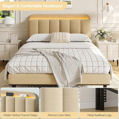 Adjustable Headboard for Full/Queen Size Bed Frame, Linen Fabric Bed Headboard with Storage & RGB LED Light in Modern Vertical Channel Design, Beige