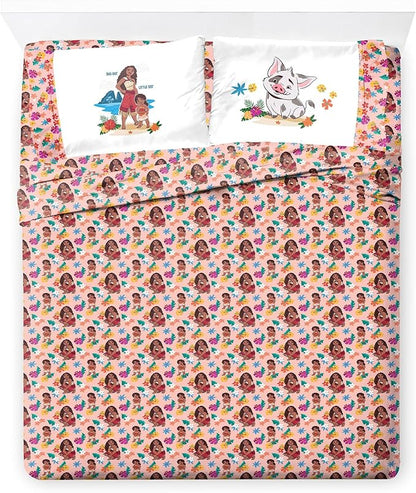 Jay Franco Kids Sheet Set with Fitted, Flat Sheets & Pillow Cover - Ultra-Soft Bedding with Pillowcase for Room Decor, Pink - Moana, 4 Piece Queen