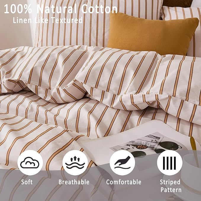 Merryword Striped Duvet Cover Set Queen Size 3 Pieces 100% Cotton Duvet Cover Set with Beige and Terracotta Vertical Stripe Design,Soft Lightweight Reversible Bedding Set for All Seasons