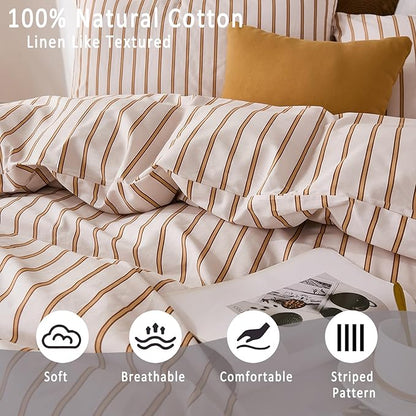 Merryword Striped Duvet Cover Set Queen Size 3 Pieces 100% Cotton Duvet Cover Set with Beige and Terracotta Vertical Stripe Design,Soft Lightweight Reversible Bedding Set for All Seasons
